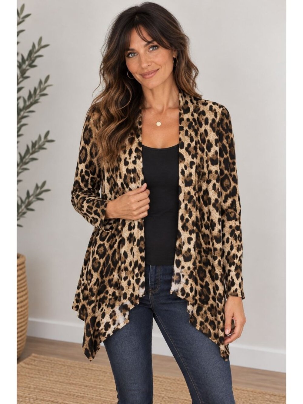 Allegra K Women's Animal Print Long Sleeve Open Front Cardigan Sweater Size L